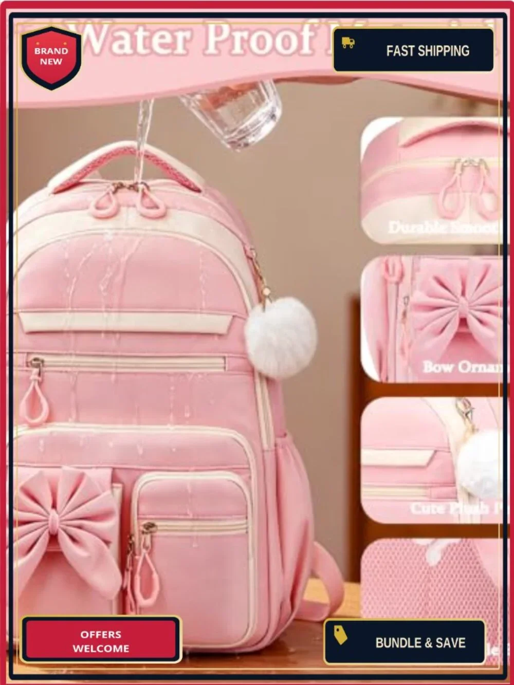 Girls Backpack Set with Lunch Box and Pencil Case, Waterproof Nylon, for School